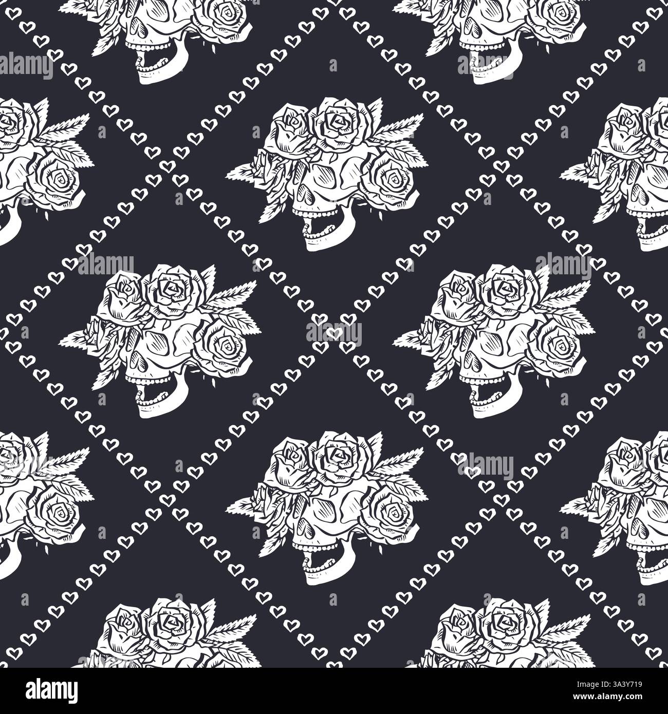 Seamless pattern with hand drawn black and white human skulls and rose flower wreath inside trellis Stock Vector