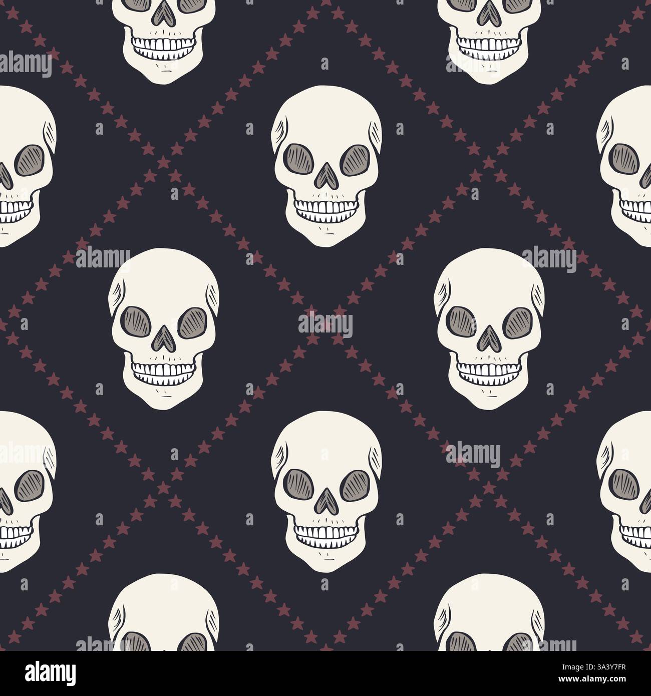 Seamless pattern with hand drawn skulls inside trellis Stock Vector