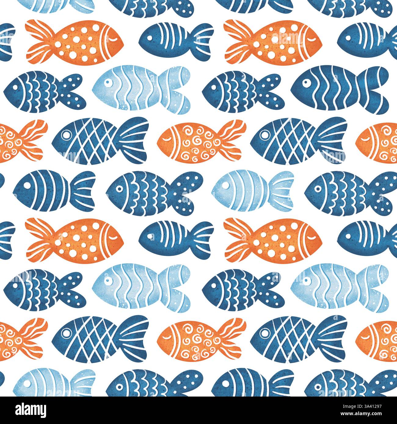 Cute seamless pattern with various fishes on white. Drawn colorful fish ...