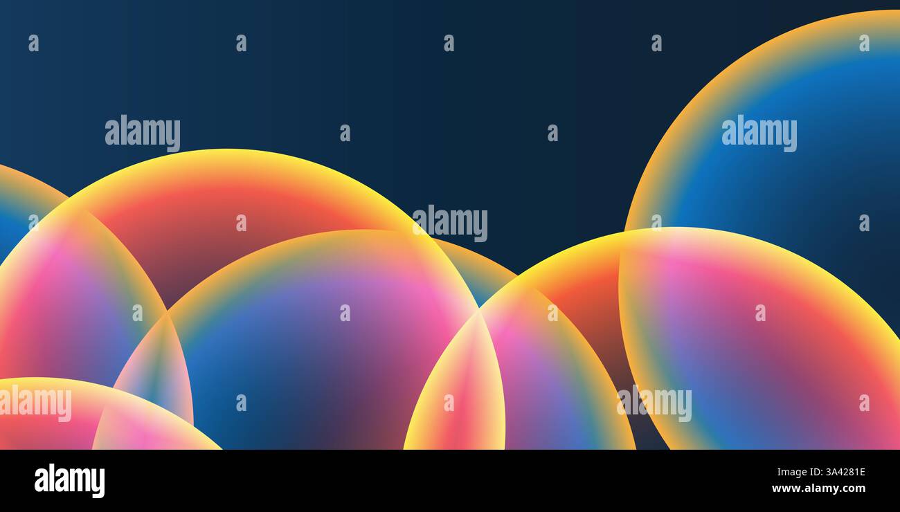 Abstract Background, Header or Banner Design with Large Red, Orange, Yellow and Blue Overlaying Globes, Bubbles Pattern - Multi Purpose Creative Wide Stock Vector