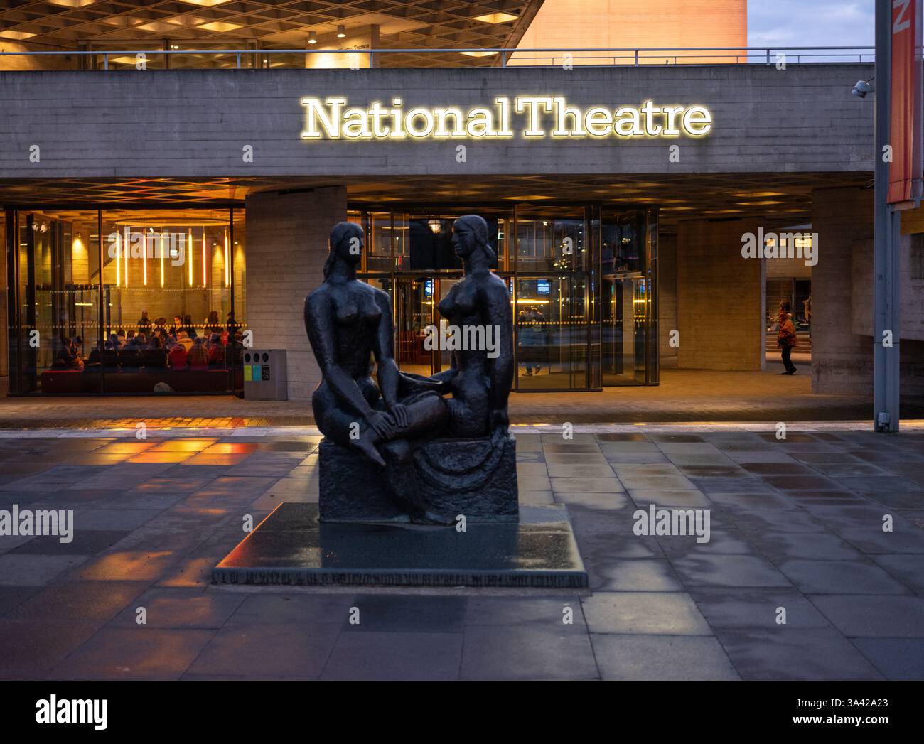 The entrance to the National Theatre, with the sculpture called London Pride by the British artist Frank Dobson on London's South Bank. Stock Photo