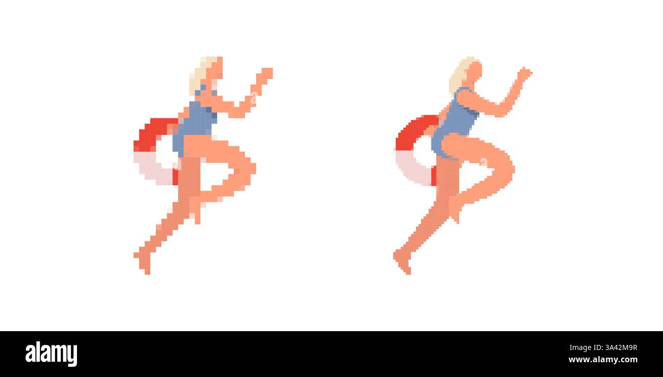 Pixel art runner with lifebuoy showing movement and action in simple ...