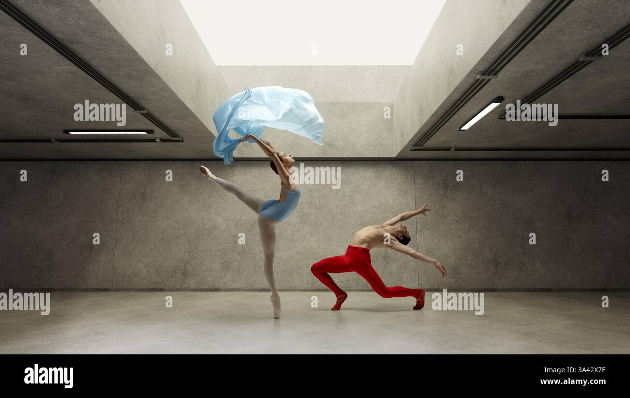 Artistic male and female ballet dancers performing ballet moves