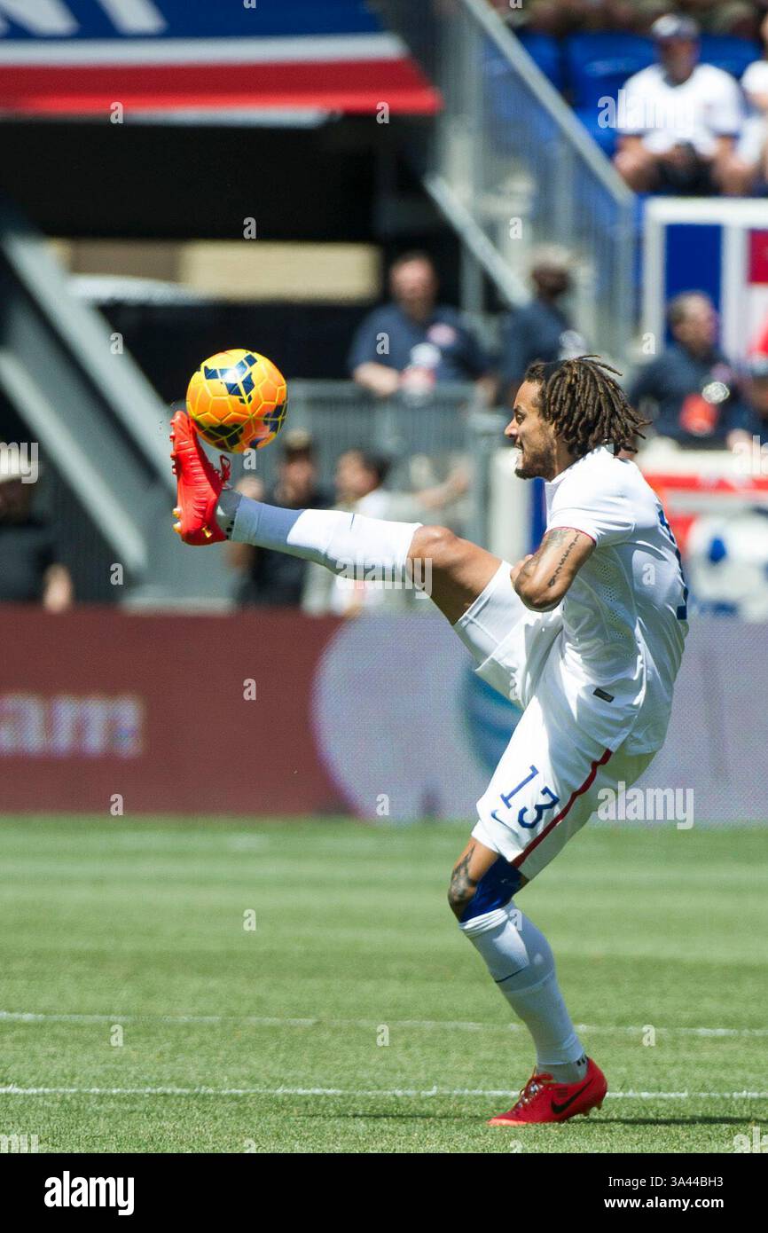 June 1, 2014 - Harrison, NJ, U.S - June 01, 2014: USA Men's National Team Jermaine Jones midfielder (13) extends for the ball during the  U.S.A. Men's National Team vs. Turkish National Team- World Cup send off match at Red Bull Arena - Harrison, NJ.  Mandatory Credit: Kostas Lymperopoulos/Cal Sport Media  (Credit Image: Â© Kostas Lymperopoulos/ Cal Sport Media)(Credit Image: © Kostas Lymperopoulos/Cal Sport Media/ZUMAPRESS.com) Stock Photo