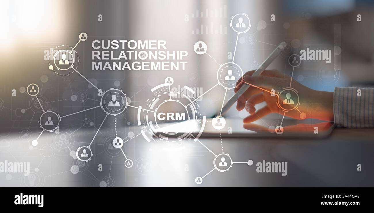 Customer Relationship Management System Visualization with Network Connections and Data Analytics. Stock Photo