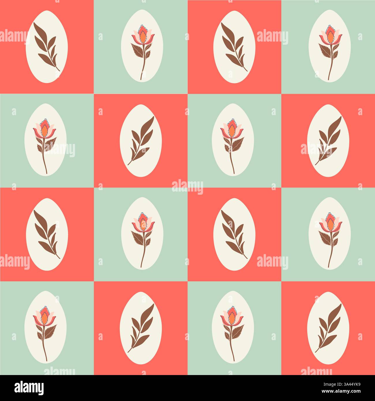 Seamless Botanical Egg checkered Pattern with stylized flowers pastele Colors. Folk style. Stock Vector
