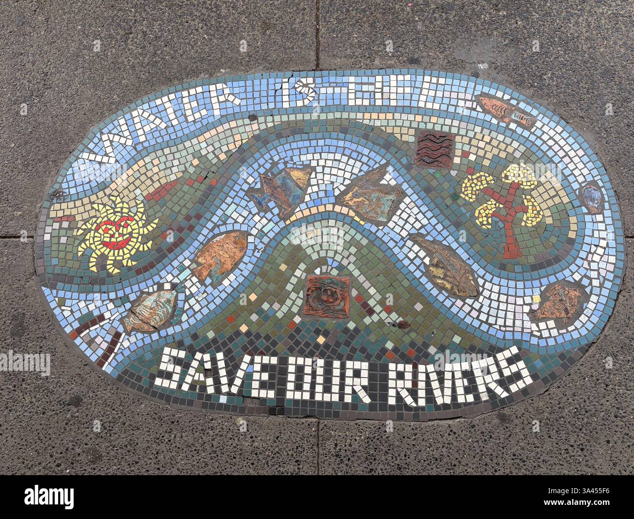 Public service street art tile mosaic reads, 