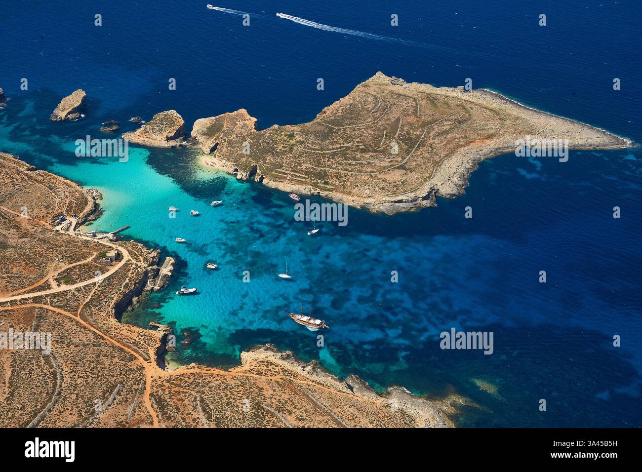 Aerial View of the Blue Lagoon of Comino Island between Malta and Gozo. Stock Photo