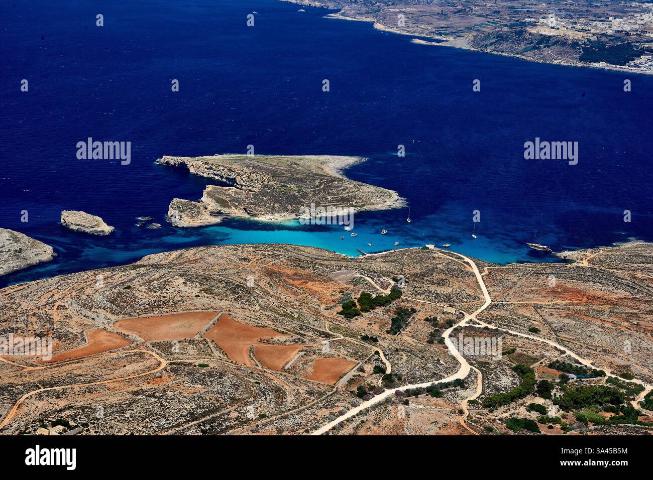 Aerial View of the Blue Lagoon of Comino Island between Malta and Gozo. Stock Photo