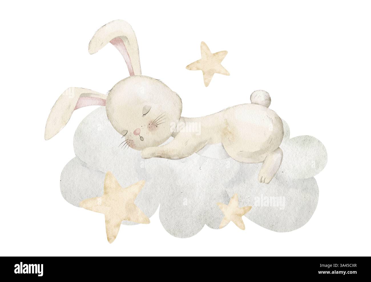 Watercolor illustration of a sleeping Bunny on a fluffy Cloud ...