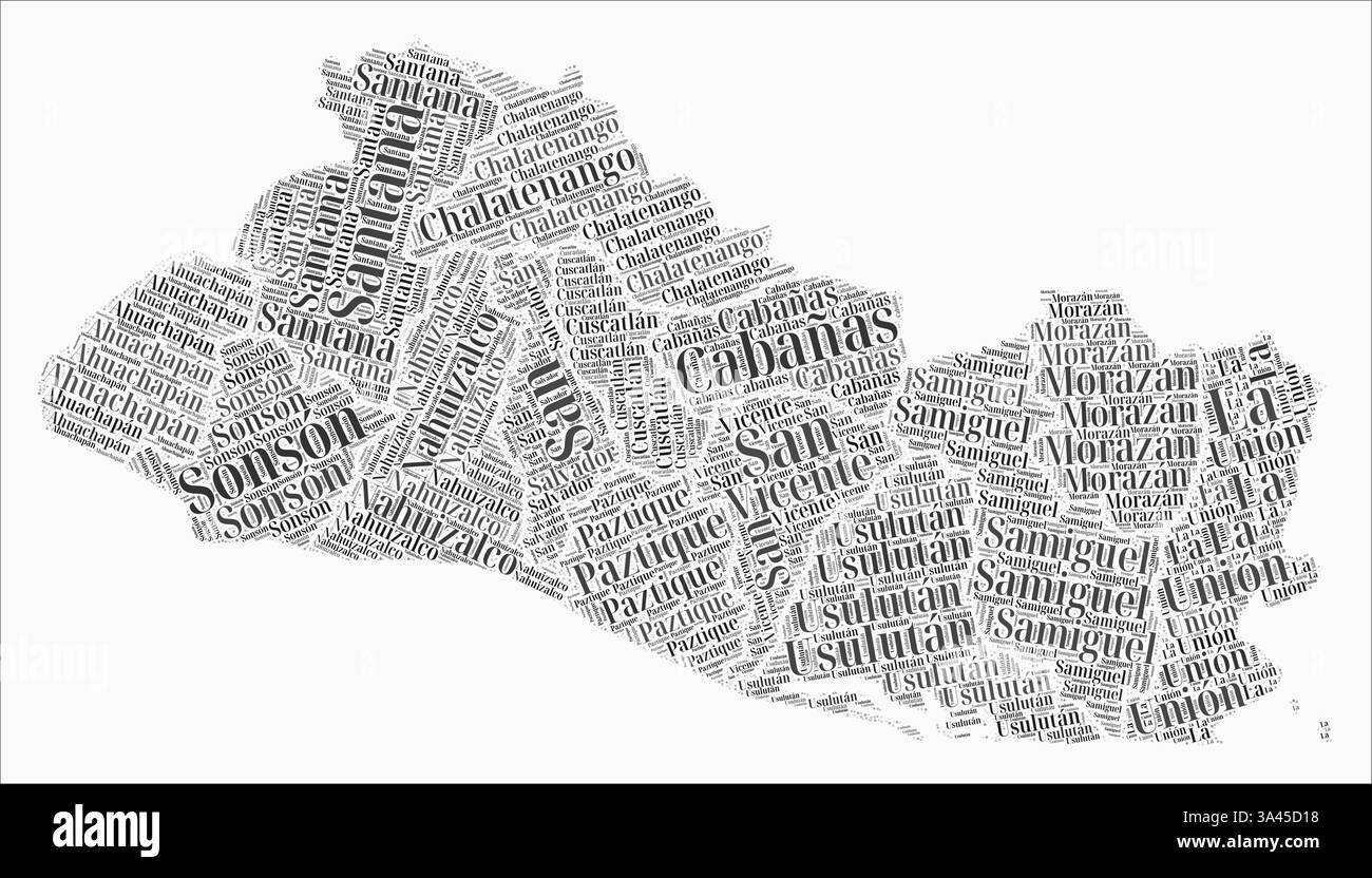 El Salvador text style regions. Country region names word clouds in Spanish language. Stylish vector illustration. Stock Vector