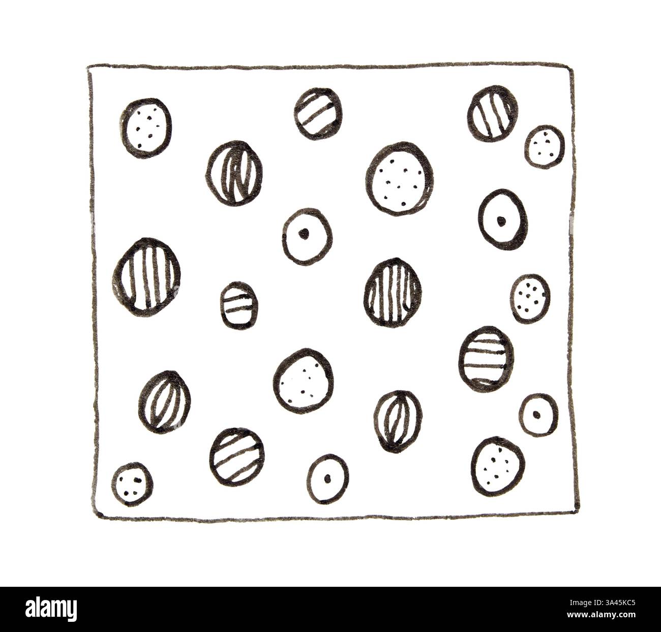 Abstract black and white geometric pattern with circular shapes in a rectangular frame. Stock Photo