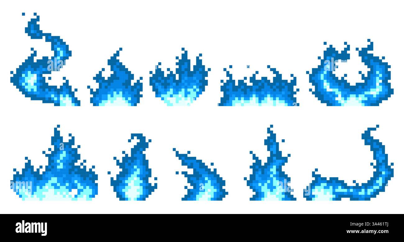 Blue pixel flames. Fire icons, arcade retro game effect, 8 bit video ...