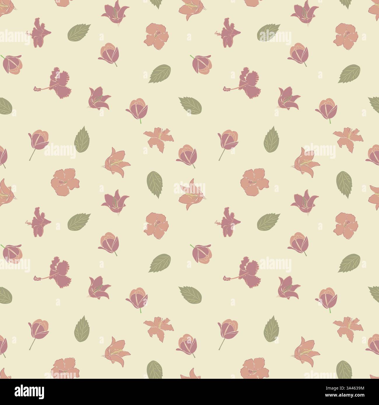 All flowers, Hibiscus, Tulip, Lily Flower Hawaiian pattern, Sketchy floral print. Seamless pattern. Vintage textile hand drawn illustration vector Stock Vector