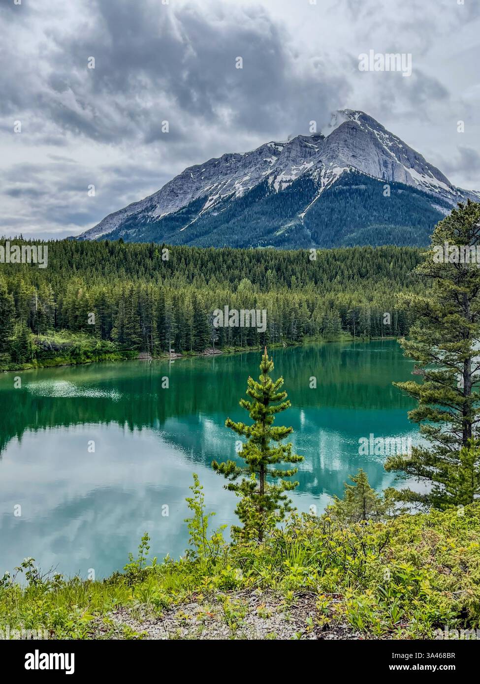 A pristine turquoise lake reflecting a rugged mountain peak surrounded by a dense evergreen forest. The cloudy sky adds depth to the dramatic landscap - Smartphone Captured Stock Image