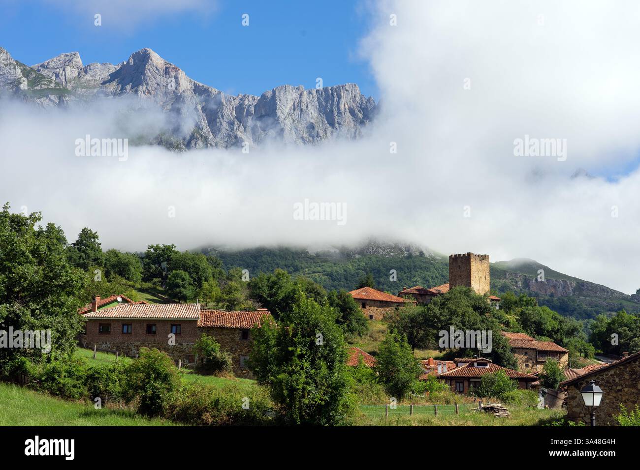 View of the medieval village of Mogrovejo with the castle tower and the ...