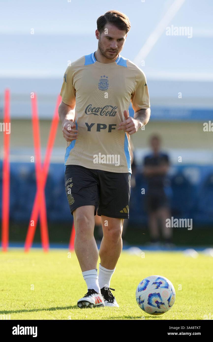 Argentina's Alexis Mac Allister controls a soccer ball during a