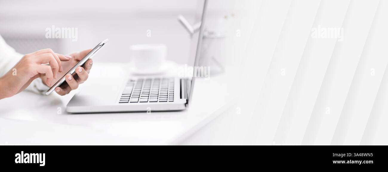 Unrecognizable lady writing message on line at work Stock Photo