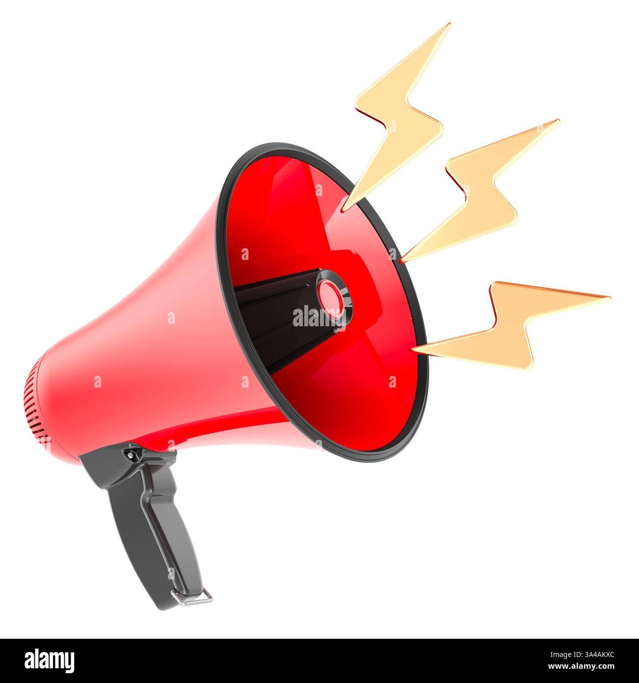 Red Megaphone with Loud Symbols. 3D rendering isolated on white ...