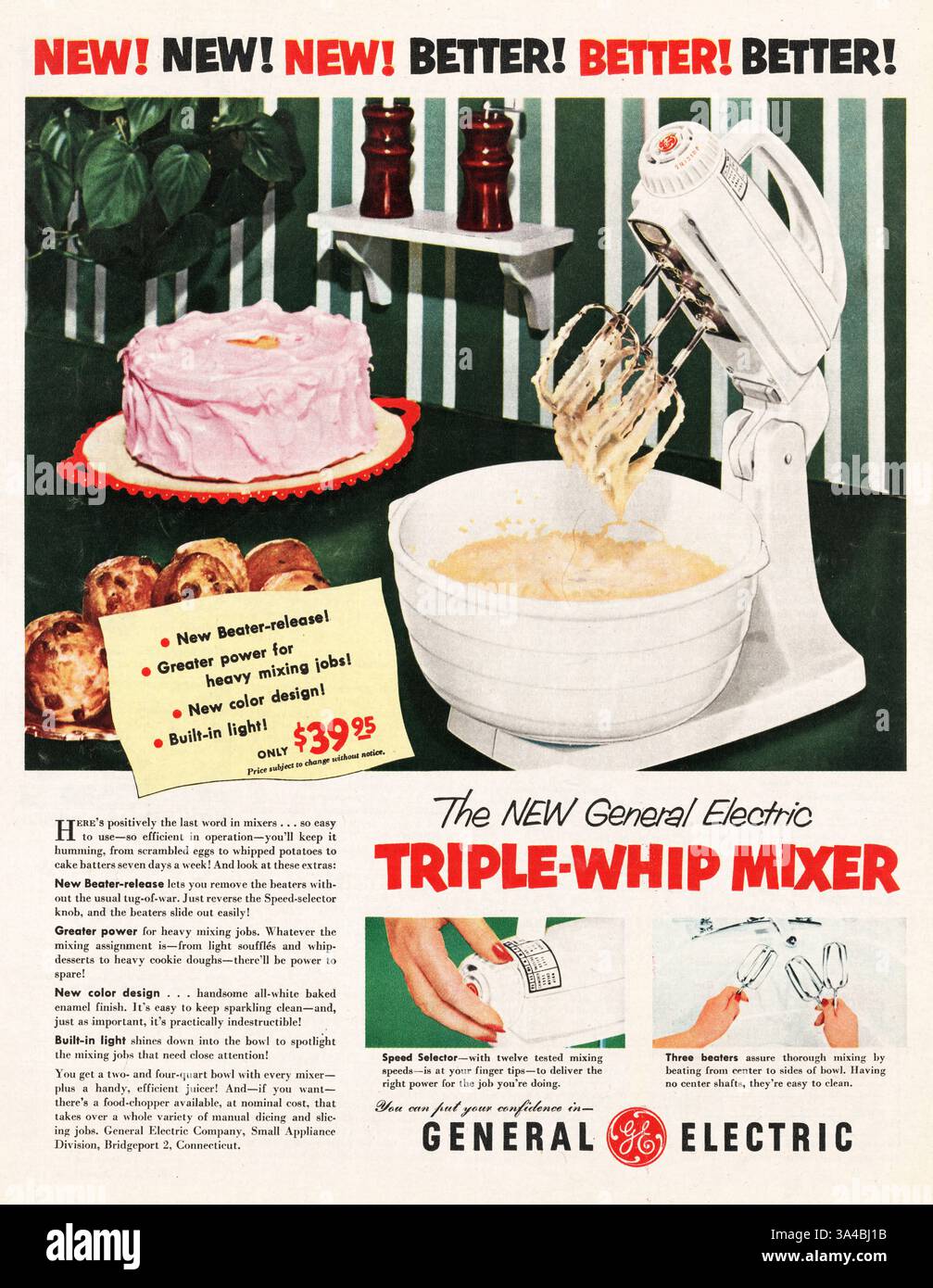 1952 U.S. Magazine General Electric Triple Whip Mixer Advert Stock