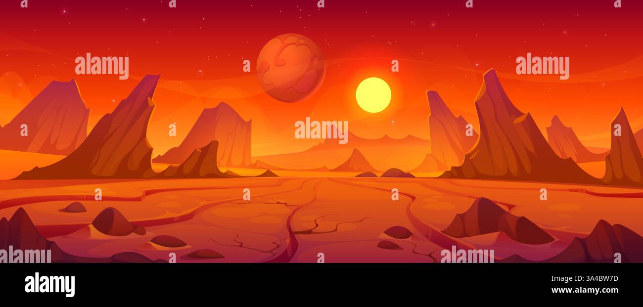 Mars red planet landscape, space and galaxy universe vector background ...