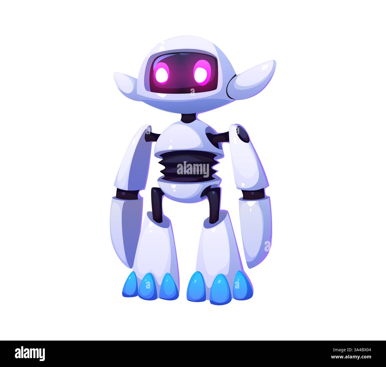 Cartoon futuristic robot and droid mascot character with a sleek white body and glowing pink eyes. Vector ai humanoid features mechanical joints, curv Stock Vector