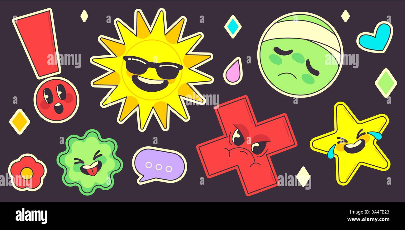 Groovy retro smile stickers vector set - colorful quirky shapes with ...