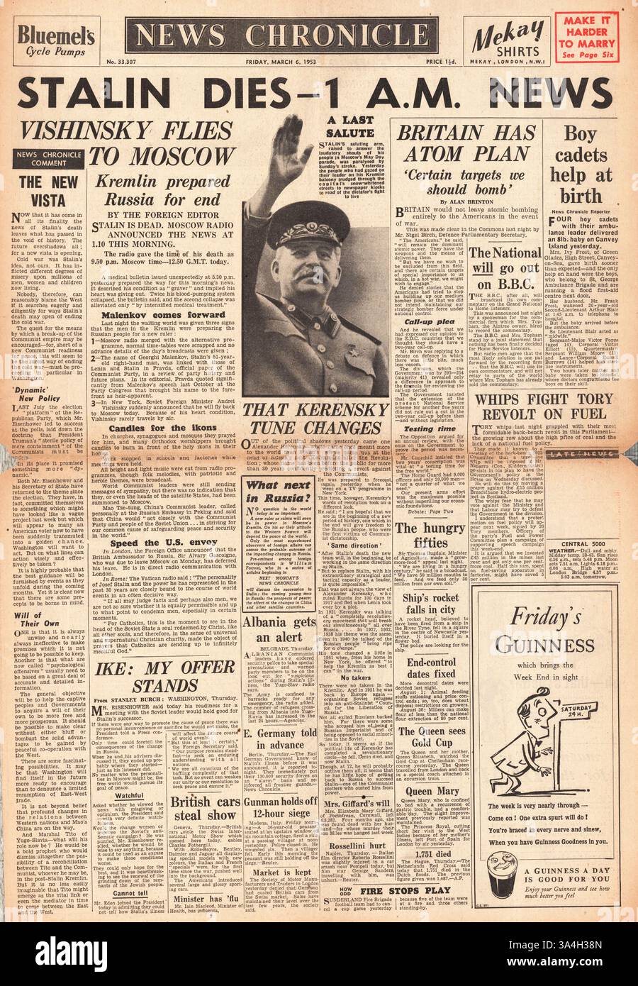 1953 News Chronicle Front Page Reporting Death Of Stalin Stock Photo 1953 News Chronicle Front Page Reporting Death Of Stalin Stock Photo
