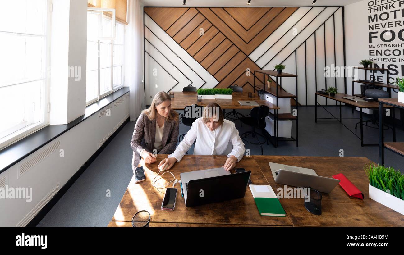 Two professionals collaborating on a project in a modern office space ...