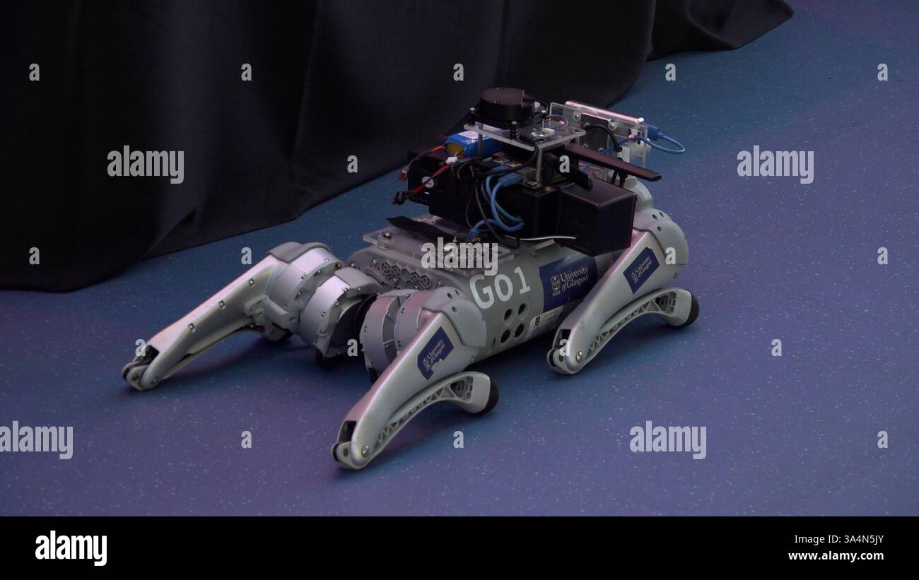 Screengrab taken from PA Video dated 18/03/25 of Robbie the RoboGuide, exhibited at RNIB Scotland's Inclusive Design for Sustainability Conference at the Glasgow Science Centre. The robot dog designed to assist blind people which can give guided tours of museums has been hailed as a 'game-changer'. Robbie, designed by researchers at the University of Glasgow, is hoped to provide life-changing experiences for visually impaired people, in indoor environments such as museums and supermarkets. Issue date: Wednesday March 19, 2025. Stock Photo