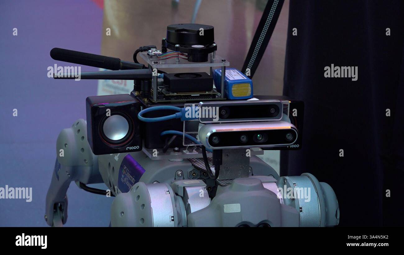Screengrab taken from PA Video dated 18/03/25 of Robbie the RoboGuide, exhibited at RNIB Scotland's Inclusive Design for Sustainability Conference at the Glasgow Science Centre. The robot dog designed to assist blind people which can give guided tours of museums has been hailed as a 'game-changer'. Robbie, designed by researchers at the University of Glasgow, is hoped to provide life-changing experiences for visually impaired people, in indoor environments such as museums and supermarkets. Issue date: Wednesday March 19, 2025. Stock Photo