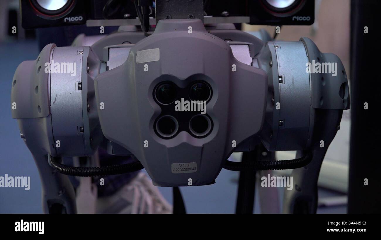 Screengrab taken from PA Video dated 18/03/25 of Robbie the RoboGuide, exhibited at RNIB Scotland's Inclusive Design for Sustainability Conference at the Glasgow Science Centre. The robot dog designed to assist blind people which can give guided tours of museums has been hailed as a 'game-changer'. Robbie, designed by researchers at the University of Glasgow, is hoped to provide life-changing experiences for visually impaired people, in indoor environments such as museums and supermarkets. Issue date: Wednesday March 19, 2025. Stock Photo
