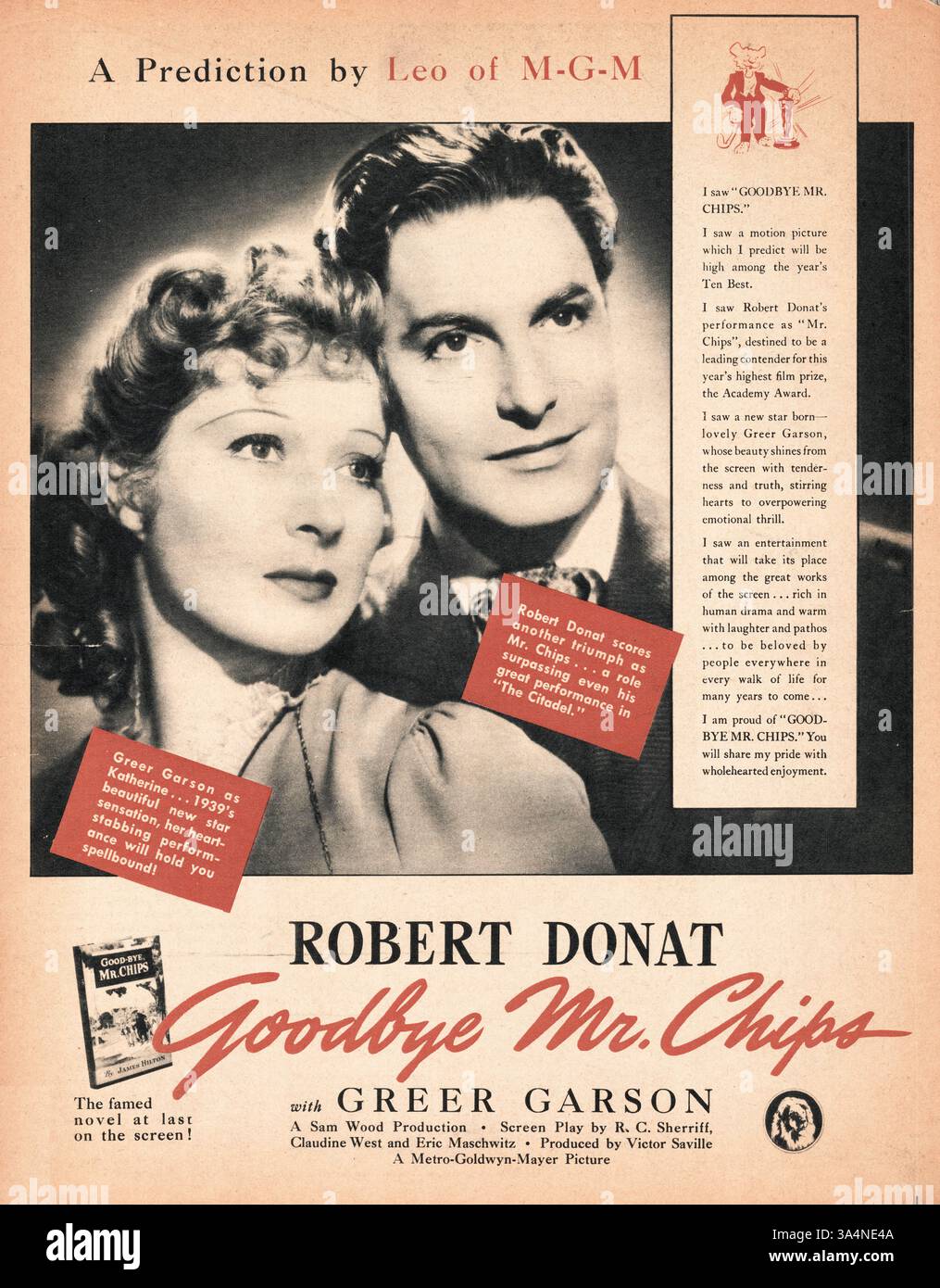 1939 film advert Goodbye Mr Chips starring Robert Donat and Greer Garson Stock Photo