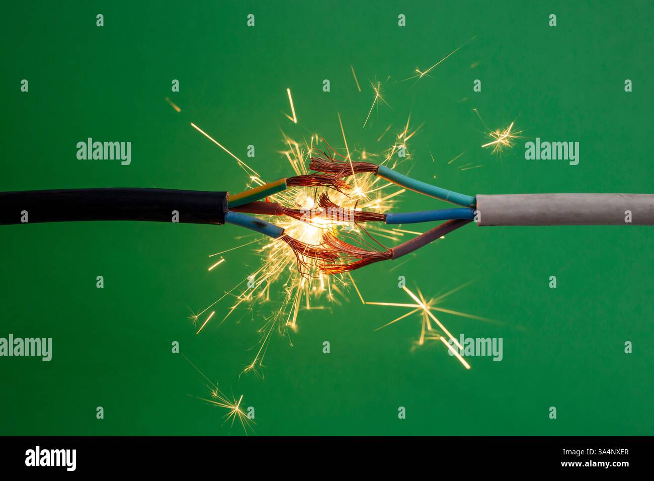 Sparks explosion between electrical cables, on green background, fire ...
