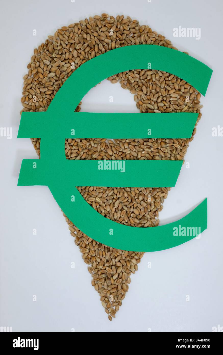 Euro symbol of green color. Location bubble or pin icon is made from wheat grains. European Green Deal. Metaphorical View on EU Agricultural Policies. Stock Photo