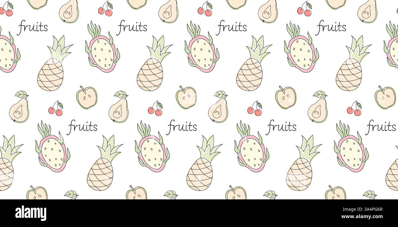 Colorful fruit pattern design featuring pineapples and pears on a white background Stock Vector