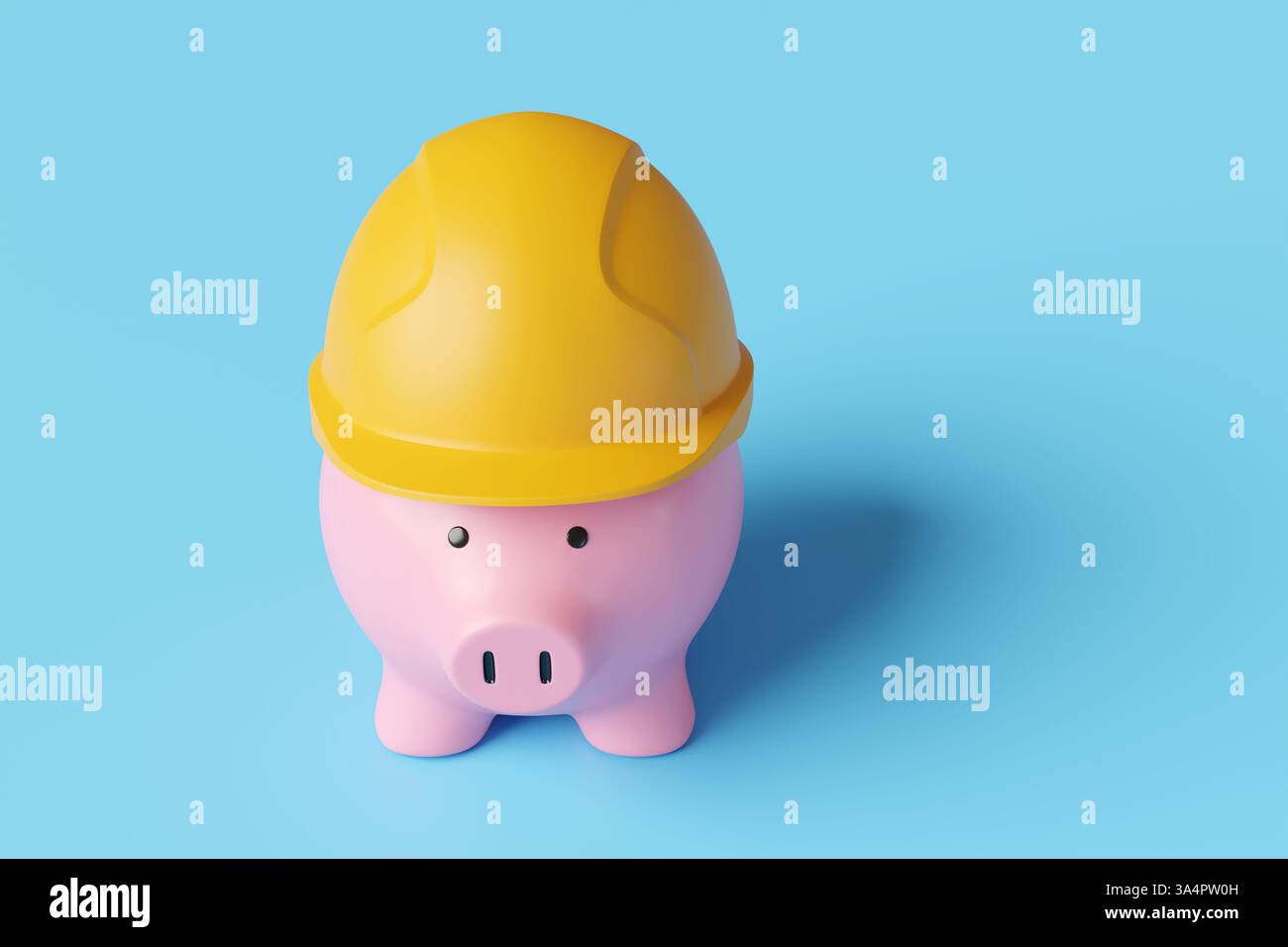 Pink piggy bank wearing a yellow helmet on a blue background. Illustration of concept of risk management of investment, savings and pension protection Stock Photo
