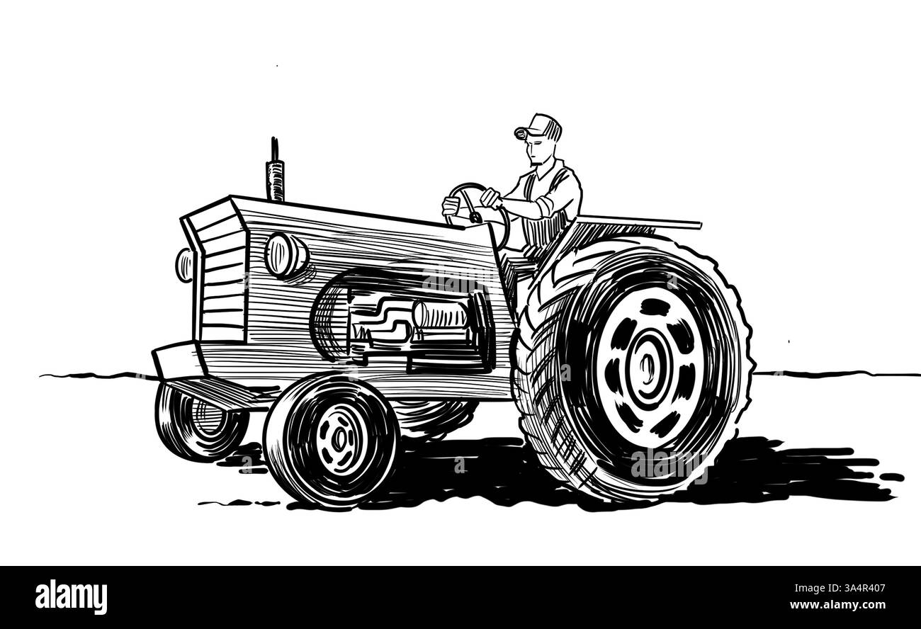 Farmer on tractor. Hand drawn retro styled black and white illustration ...