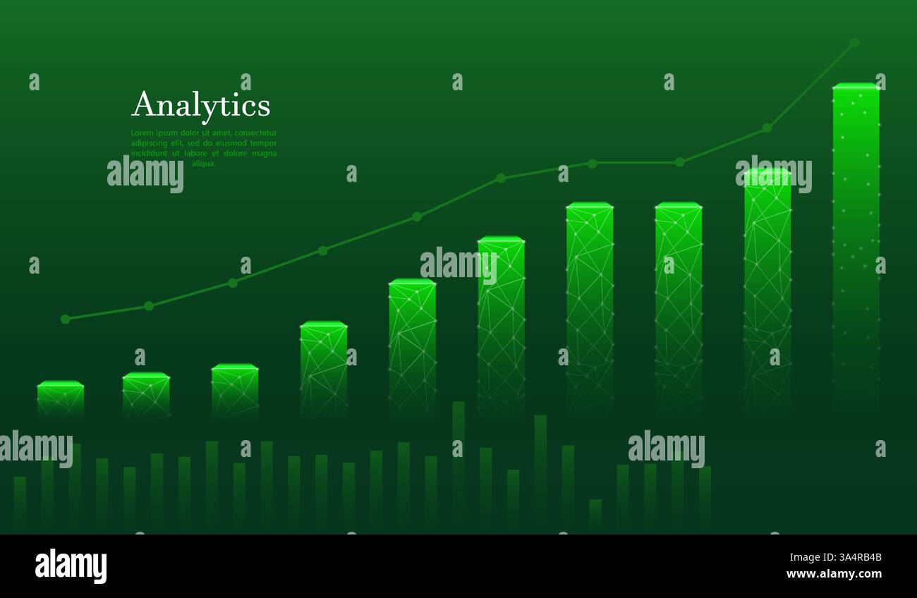 Analytics growth chart. Green bar graph with polygonal connections and ...