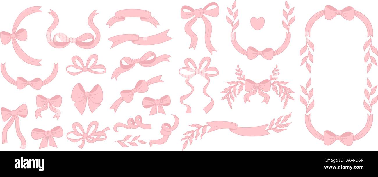 Vintage Coquette Pink Ribbon Bow and Frame Border with Plants Set ...