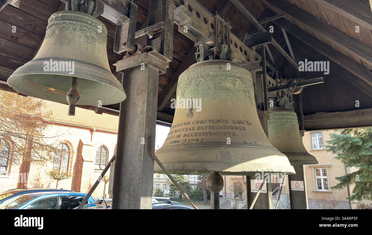 Old Church Bells in building beside St. Martin Church in the Polish city of Poznan. Tourist destination location famous old buildings in Polski city - Smartphone Captured Stock Image