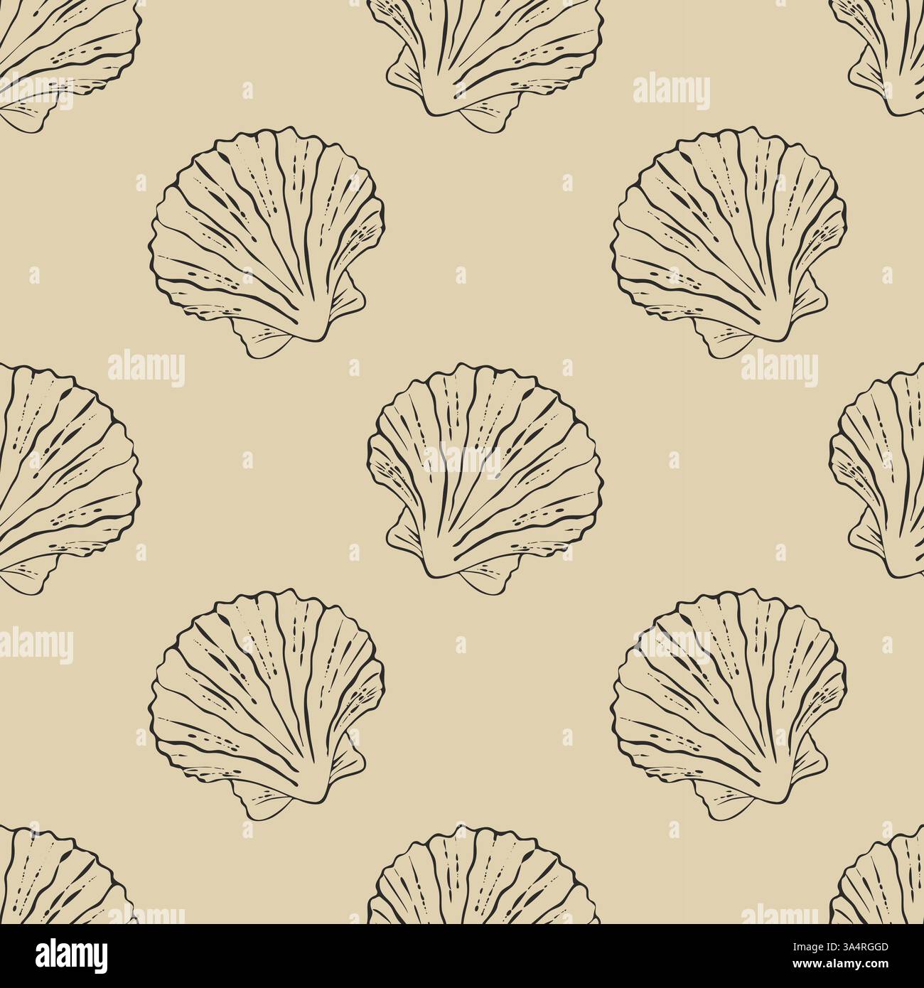 Seamless beige pattern with dark outline of shells, mollusks. Tropical beach shells on sand. Summer seamless pattern. Marine atmosphere. Vector illust Stock Vector