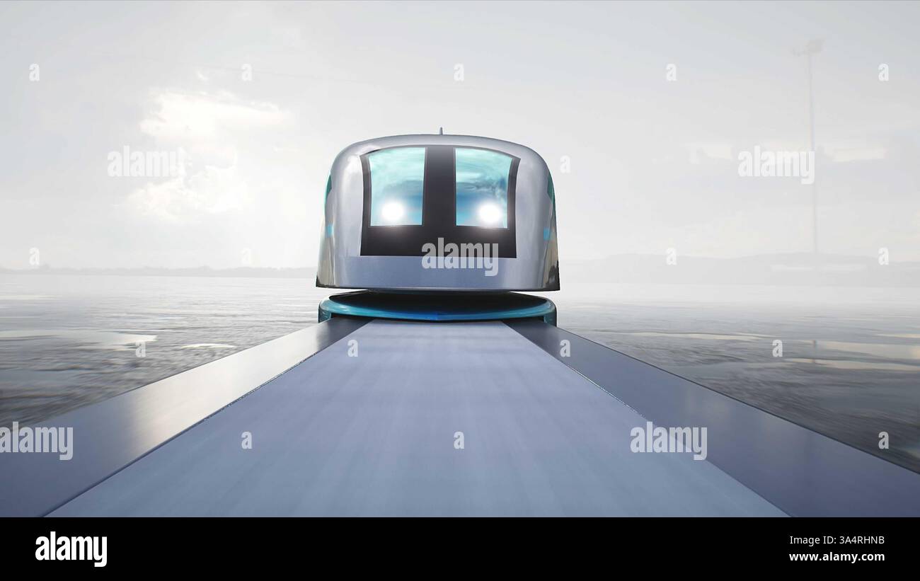 Futuristic train very fast driving on desert stone highway. Futuristic ...