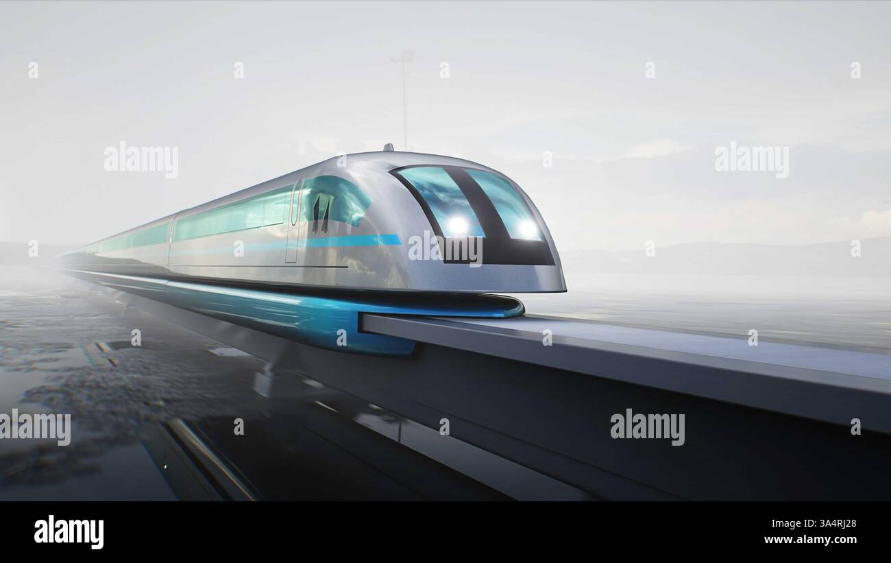 Futuristic train very fast driving on desert stone highway. Futuristic ...