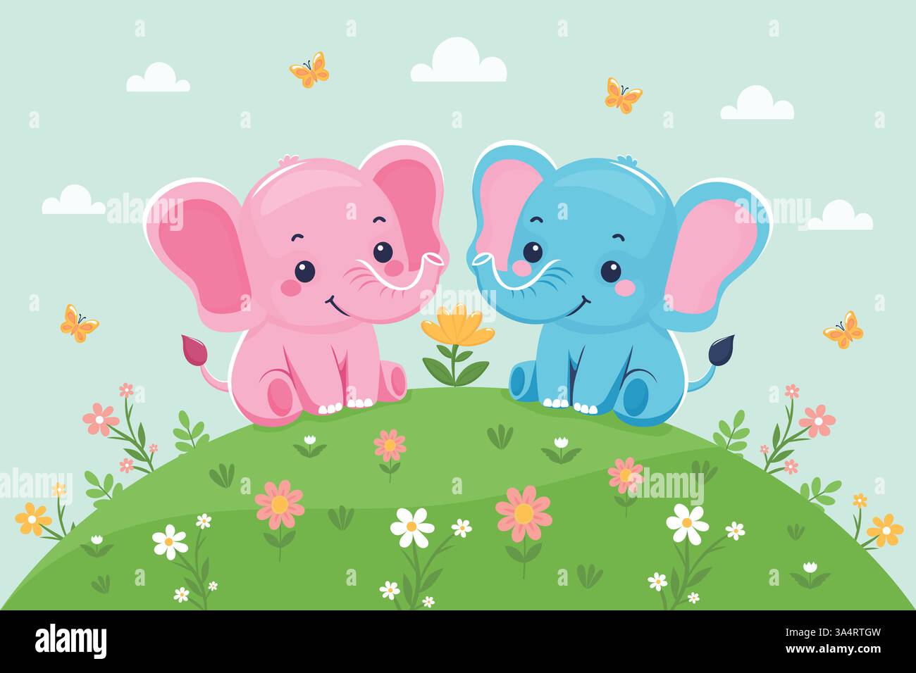 Two Cute Elephants on Hill with Flowers and Butterflies Flat Vector ...