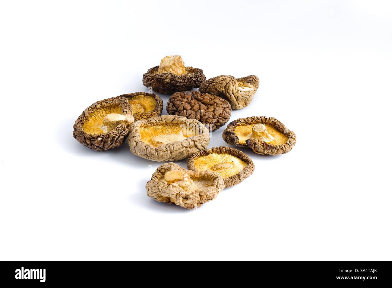 Artfully arranged on a pristine white backdrop, dried shiitake mushrooms display their complex textures and deep umami hues, inviting appreciation of Stock Photo