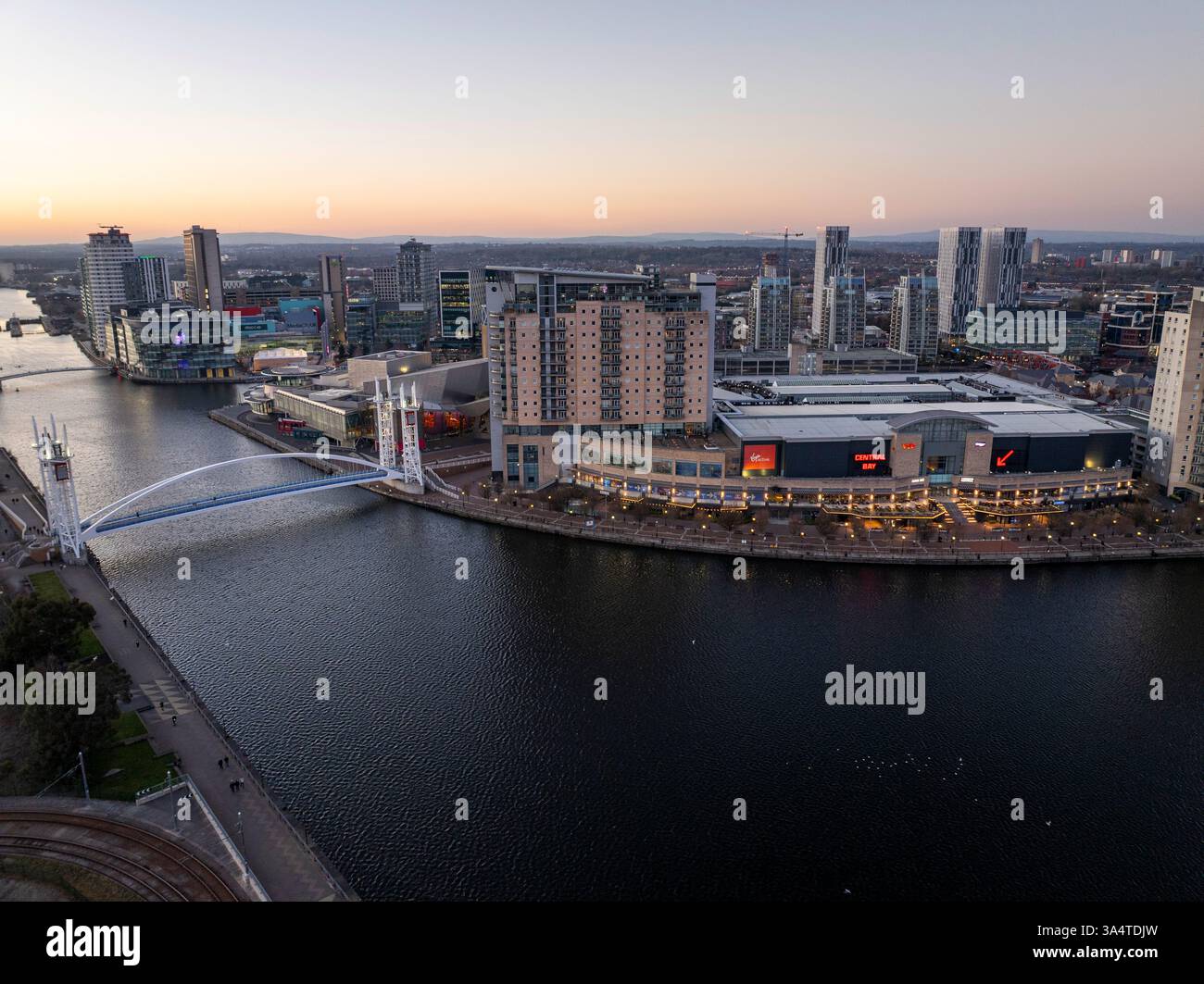 Aerial image of Salford Quays Greater Manchester featuring Media City UK with BBC studios. Stock Photo