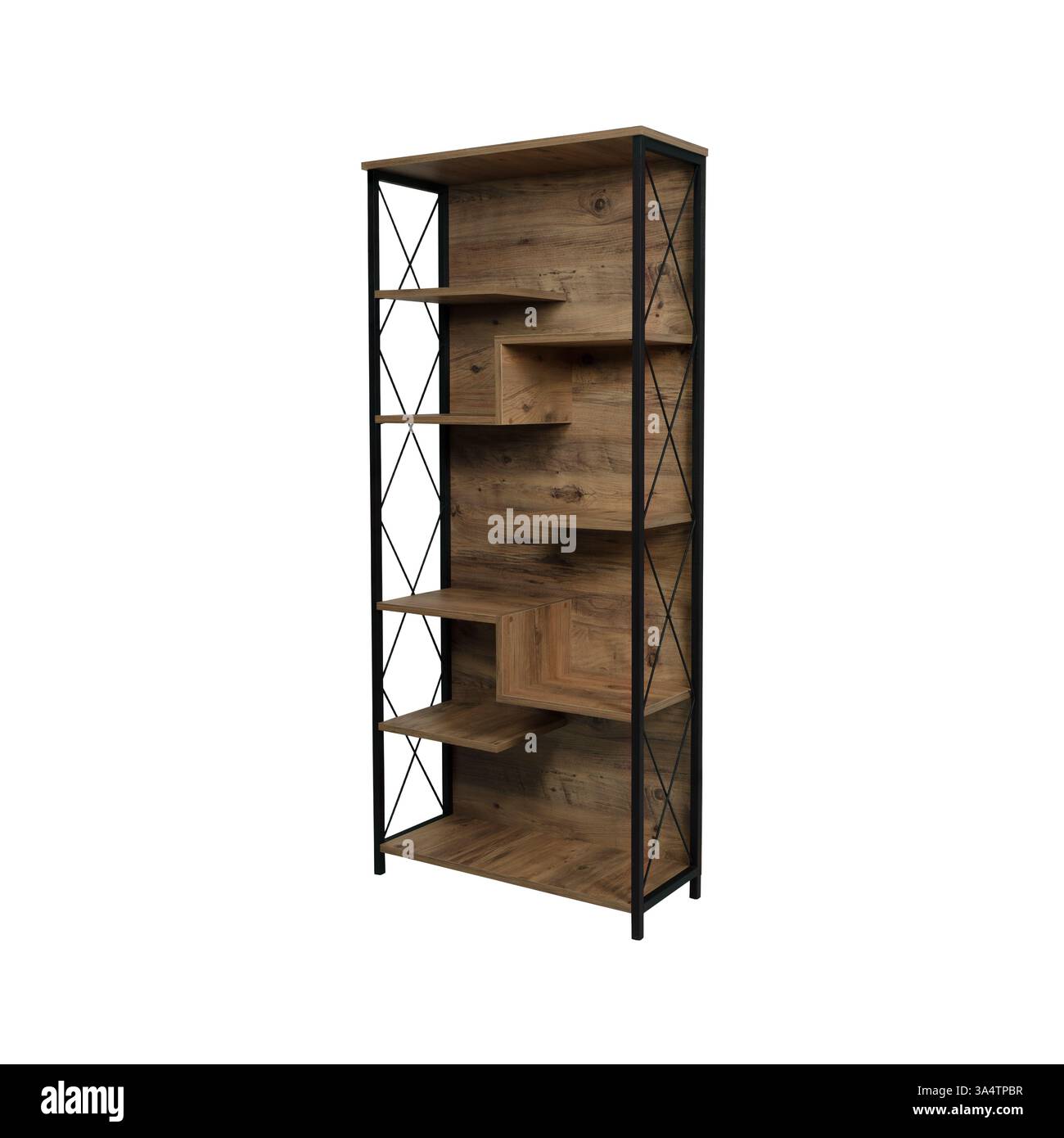 Image showcasing Modern industrial bookshelf with black metal frame and white geometric ...