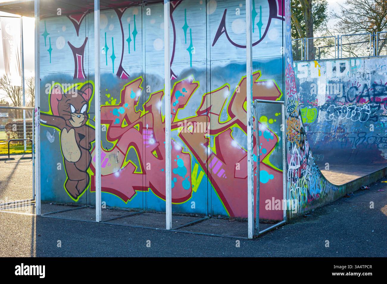Skateboard ramp with graffiti in Waddinxveen, The Netherlands Stock Photo