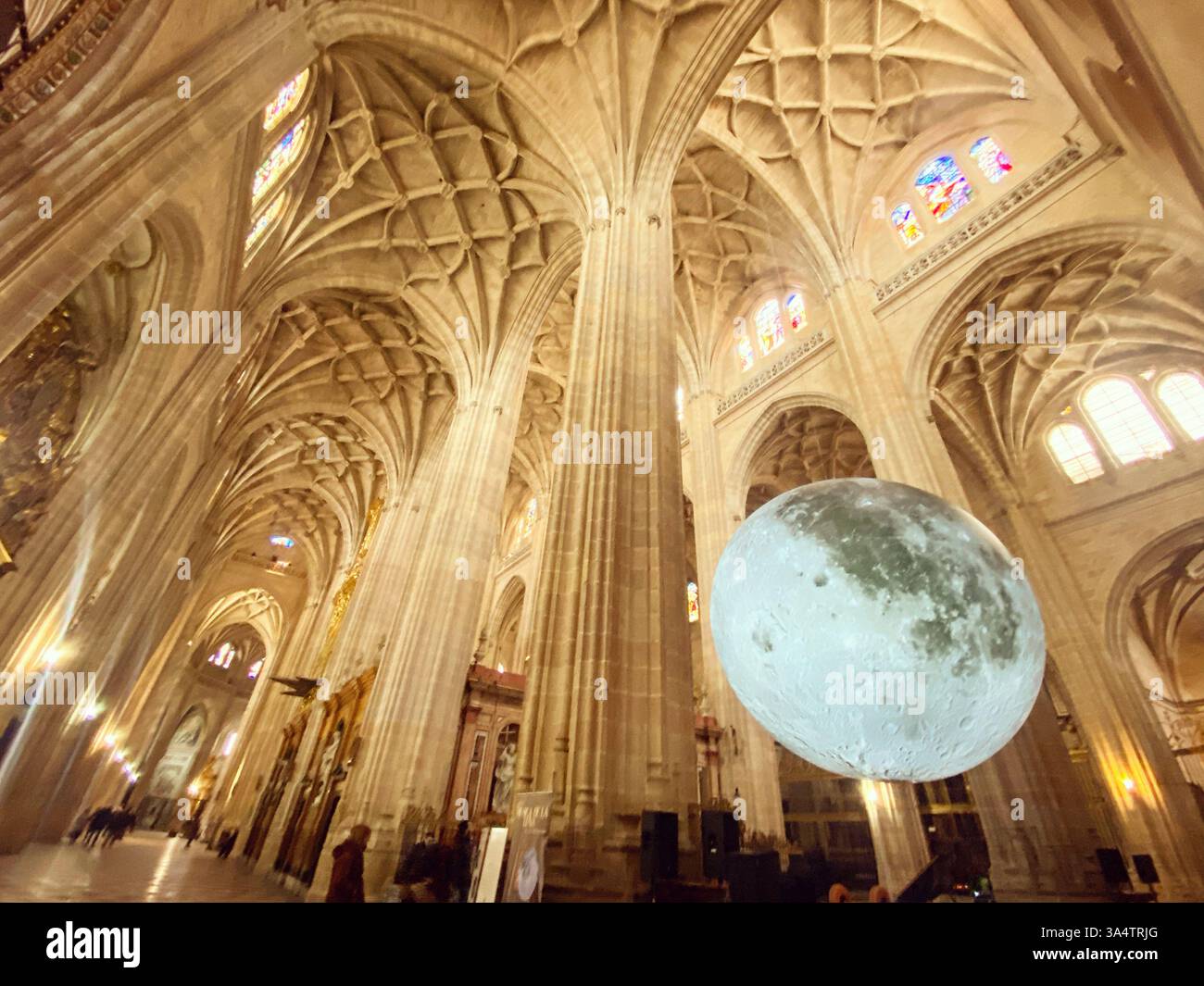 A mock-up of the moon decorates the Catedral of Segovia cathedral in Segovia, Castilla y Leon, Spain - Smartphone Captured Stock Image